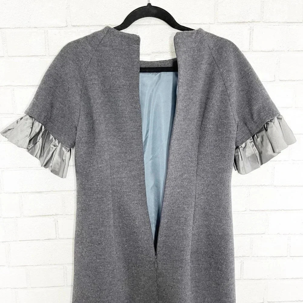 Lela Rose Charcoal Gray 100% Wool Ruffle Puffed Sleeve Shift Dress Size 6 - Picture 6 of 9